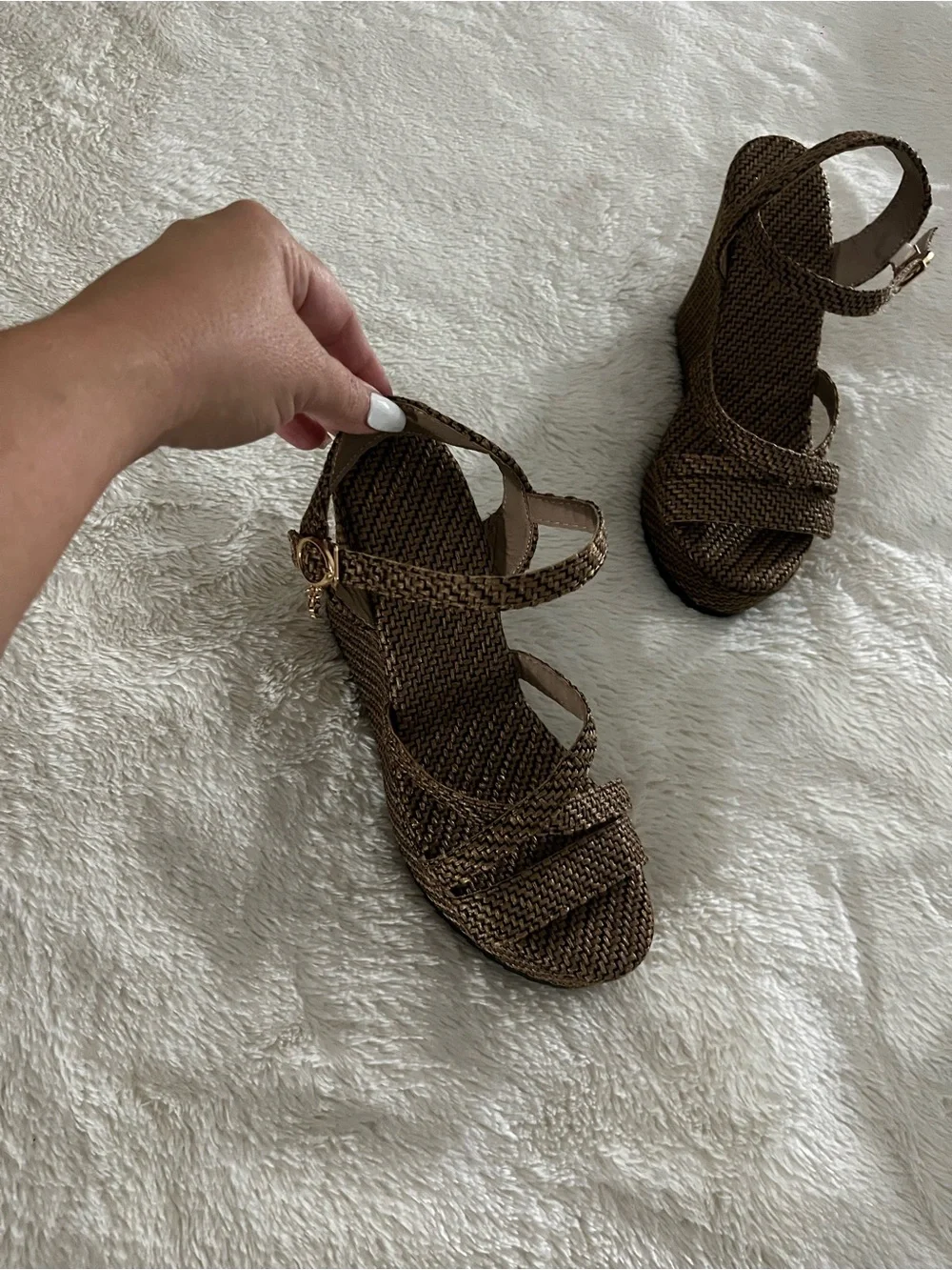 Woven Strappy Wedge Sandals - Brown